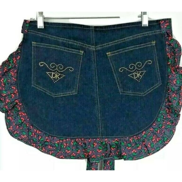 Crafted Denim Apron Repurposed Ruffle Jean Pockets Cooking Kitchen Blue Cherry - Picture 1 of 8